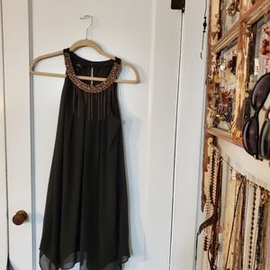 Beaded Collar Black Flowy Dress